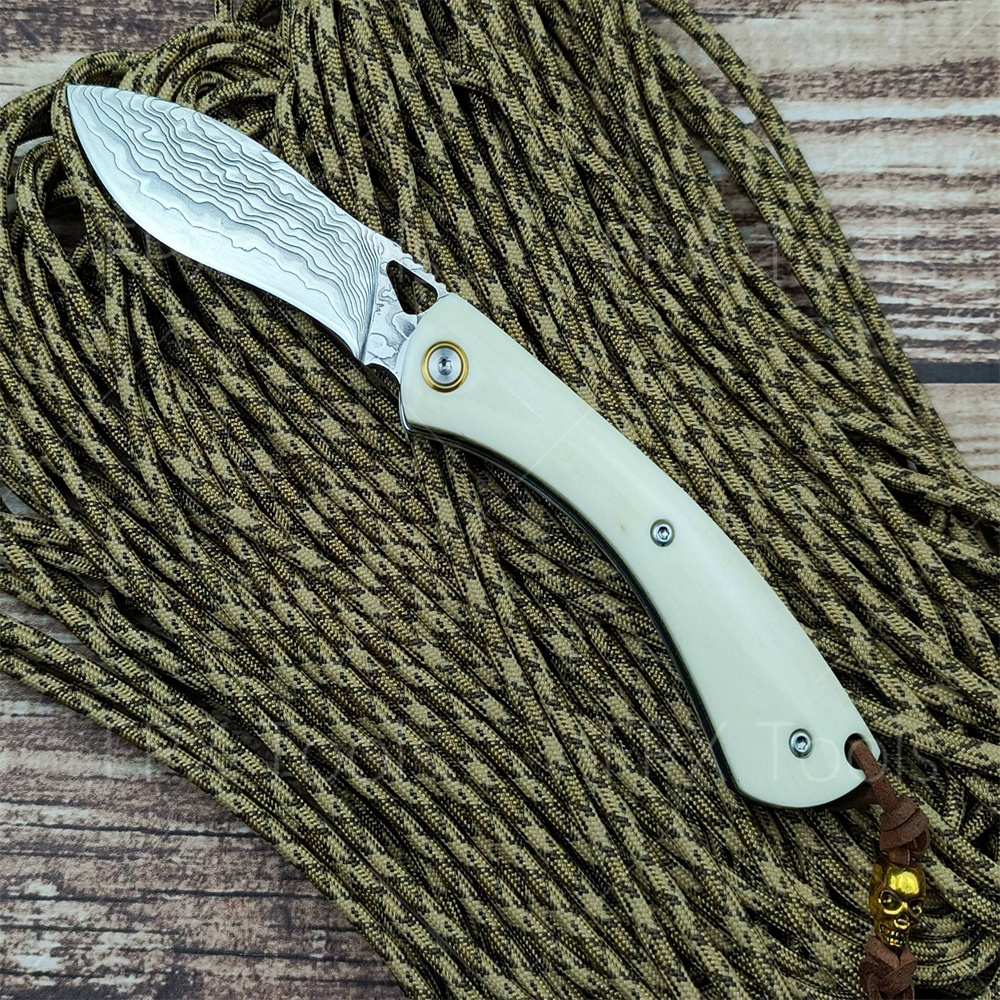 Vintage Collectible Knives - Damascus Pattern Steel Folding Knife -